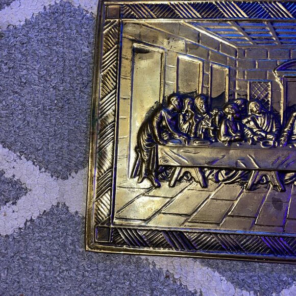 Vintage Brass Last Supper Plaque Relief  Wall Decor Plated 16" by 10" - Picture 2 of 5
